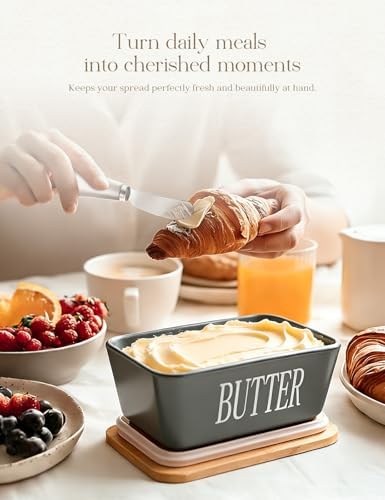 Ceramic Butter Dish with Lid and Knife & Silicone Seal for Countertop Grey - Image 5