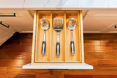 Umilife Bamboo Kitchen Utensils Organizer, 13 Inch Drawer Dividers for Silverware, Extra Deep Holder, with Non-Slip Feet, Wood Caddy for Flatware Cutlery - Image 4