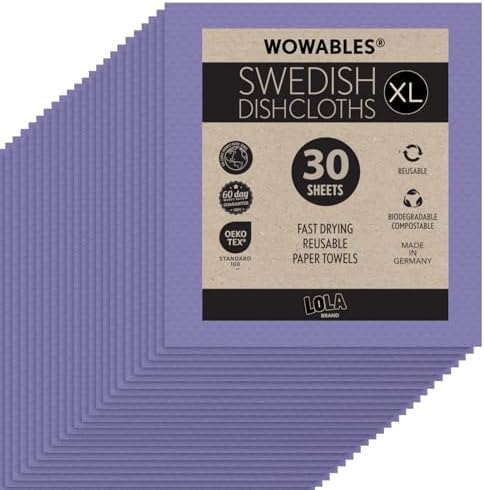 Swedish Dishcloths for Kitchen XL, 30 Sheet Roll, Biodegradable & Compostable, Reusable Paper Towel Cleaning Cloths, 11" x 10", No Odor, Washing Dishes, Ultra Absorbent Cellulose Sponge Towel, By LOLA by LolaProducts
