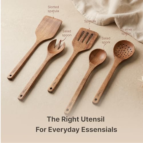 Koppen Dishwasher Safe Acacia Wood Kitchen Utensils Set, 5 Pcs Wooden Utensil Set for Nonstick Cookware, Non Toxic Cooking Spatula, Resist Water Absorption & Crack Resistant, Long-Lasting - Image 6