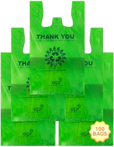 [100 per box] | Recyclable Compostable Reusable Biodegradable Plastic T-Shirt Bags | Grocery Shopping Bags | Green Eco Plastic Bags (100 per Pack) | T-Shirt Carryout Bags 100 count Restaurant Quality, Durable, Reusable and Econ Friendly | Measures 11. ... by UnitedTradingUSAInc
