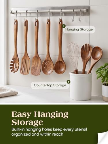AIUHI 10Pcs Wooden Kitchen Utensils, Teak Wood Utensil Set for Kitchen, Heat-resistant Wooden Spoons for Cooking, Nonstick Wood Spatula Soup Ladle Tong Egg Whisk - Image 5