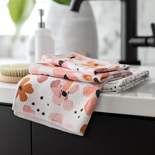 RECYCO Waffle Kitchen Towel Set of 2 - Quick Dry Microfiber Sustainable Dish Towels - Ultra Absorbent Reusable Cleaning Tea Towels - Lightweight Hand Towels,16”x 28”, Blossom Breeze by RECYCOHOMECOLLECTION