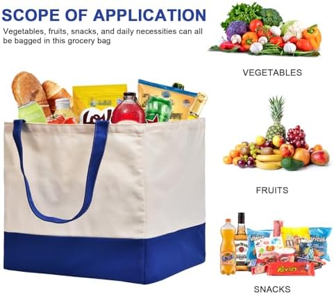 3 Pack Canvas Reusable Grocery Bags Heavy Duty, 8.3 gal Foldable Large Tote Bag with Handles, Holds 60 lbs Canvas Shopping Bags & Washable Eco-friendly Bags with 5 Pockets, Blue+Off White - Image 2