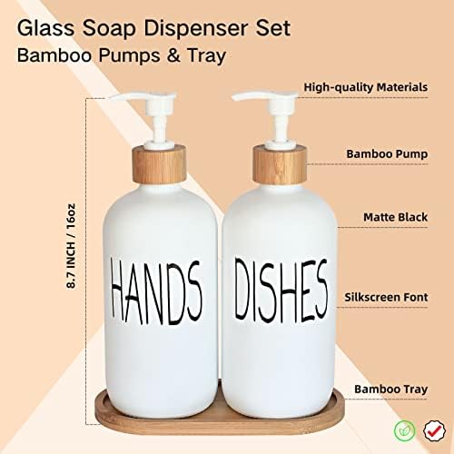 Glass Soap Dispenser Set - Hand Soap and Dish Soap Dispenser with Bamboo Tray. Vintage Soap Dispenser with Pump for KitchenKitchen Drain Outlet and Bathroom. Stylish Permanent Labels (Matte White) - Image 2