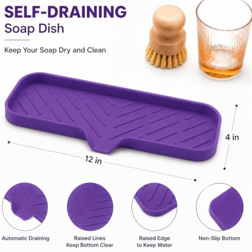 MicoYang Silicone Soap Dish with Drain Spout — Self-Draining Double Sink Organizer Tray for Kitchen & Bathroom, Dispensers, Sponges & Soap Holder, Non-Slip & Dishwasher Safe, Purple (Large, 12"×4") - Image 2