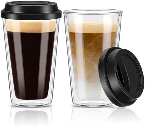 Qipecedm® 2 Packs Double Walled Glass Coffee Mugs with Silicone Lids, 12 OZ Reusable Glass Coffee Cups, Insulated Coffee Mugs, Cappuccino,Tea,Latte,Iced Coffee Cups, Glass Travel Mug, Heat Resistant by Qipecedm