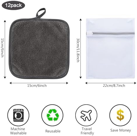 SINLAND Makeup Remover Cloth Reusable Microfiber Face Cloth for Washing Face Makeup Remover Towels Soft Face Washcloth with Mesh Bag 12 Pack 6" x 6" - Image 5