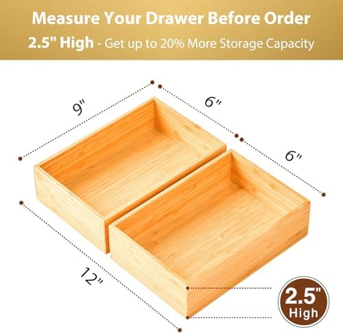 Umilife Bamboo Kitchen Drawer Organizer, Extra High Silverware Tray, Flatware Cutlery Storage Box, Multi-Use Holder in Office, Bathroom, Pantry - 9"x6"x2.5" (Set of 2) - Image 2