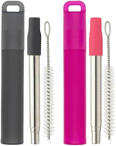 NAIVELY-Metal Reusable Straws, 2 Pack Collapsible Portable Stainless Steel Straws, with Plastic Housing Silicone Tips and Cleaning Brush, Retractable Portable Pocket Drinking Straws by NAIVELY
