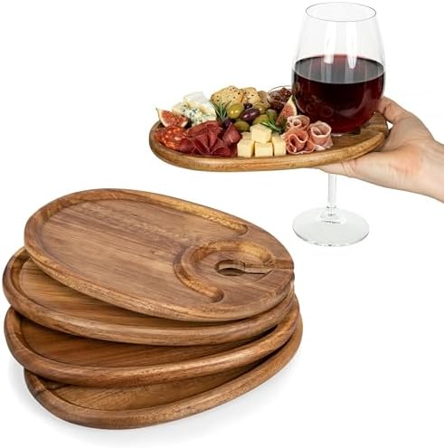 PICNIC TIME Wine Appetizer Plates, Set of 4 Wooden Cocktail Plates with Glass Holder, Mini Charcuterie Boards for Wine and Cheese Parties, Acacia Cheese Board Serving Trays (Oval - Acacia Wood) by PicnicTimeFamilyofBrands