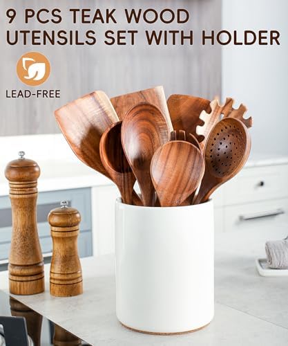 Wooden Cooking Utensils Set with Ceramic Holder,Teak Wood Utensils 10pcs - Image 4