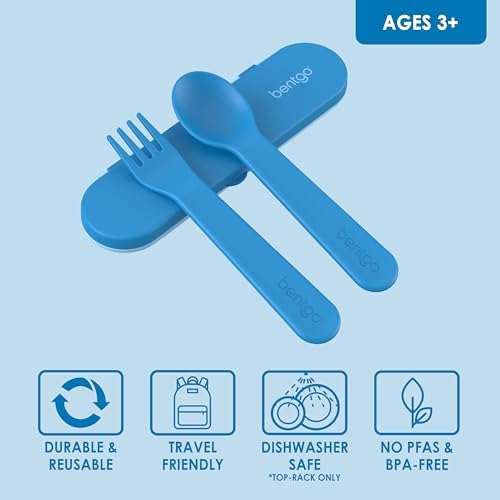 Bentgo® Kids Plastic Utensil Set - Reusable Fork, Spoon & Storage Case, PFAS- & BPA-Free, Easy-Grip Handles, Lightweight, Dishwasher Safe, School Lunch, Travel & On-the-Go (Blue) - Image 3