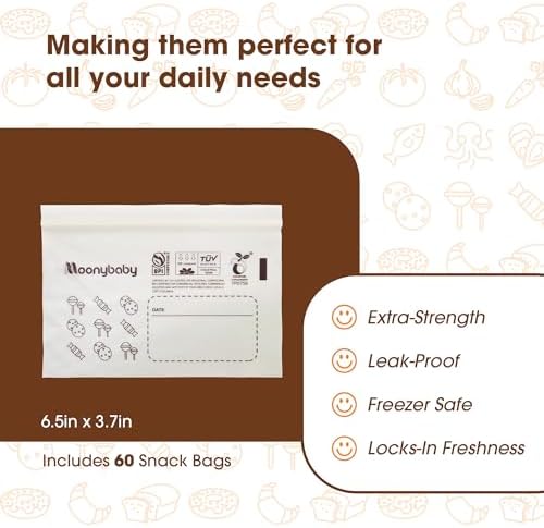 Moonybaby Compostable Snack Size Food Storage Bags (60 Count), Organic Food Storage Container with Food-Safe Zip Seal, Freezer and Leak Proof - Image 2