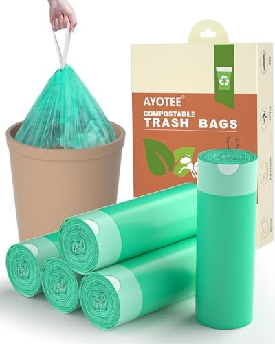 Small Compost Bags 1.2 Gallon 125 Count, AYOTEE Drawstring Mini Trash Bag, Strong Compostable Trash Bags Small Bathroom Trash Bags for Home Kitchen Office Fit 4.5-5 Liter Trash Can, 1-1.5 Gal by AYOTEE