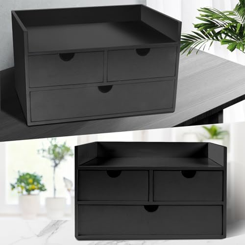 Charmewooden Bamboo Desk Organizer 3 Drawer with Shelf, Countertop Organizer with Drawers Makeup Storage Drawer 3 Drawers Tabletop Storage Organization Box Home Office Workspace（Black） - Image 3
