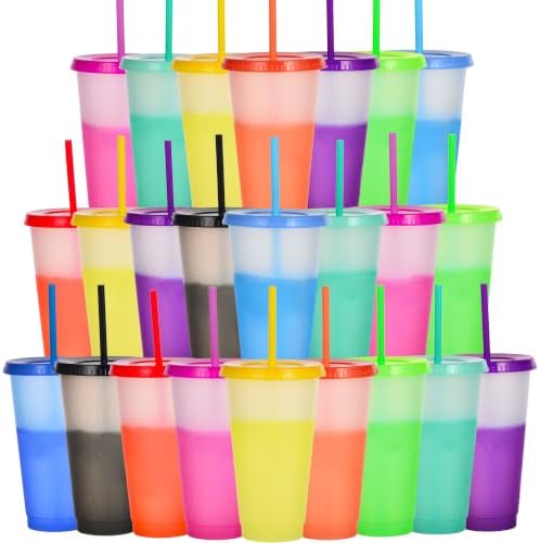 Color Changing Cups, 5 Pack 24oz Plastic Tumblers, Reusable Iced Coffee & Smoothie Cups with Lids and Straws for Parties and Travel (transparent, 24 Pcak) by Alohastarttg