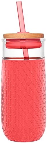 Ello Devon 18oz Glass Tumbler with Straw & Lid for Iced Coffee, Coral by Ello
