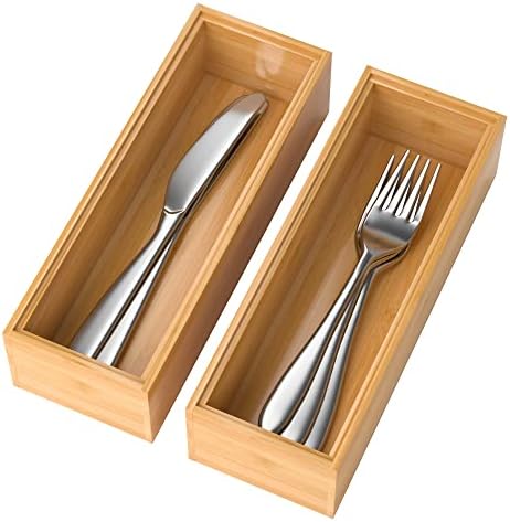 Lixple Bamboo Drawer Organizer – Set of 2 Stackable Storage Boxes, Silverware Tray & Small Gadget Holder for Kitchen Drawers, 9" x 3" x 2" (Outer), 8.3" x 2.3" x 1.77" (Inner) by Lixple