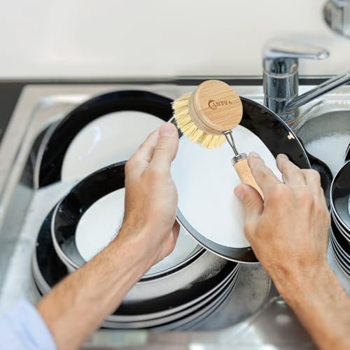 Bamboo Dish Brush with Handle - Soft Bristle Plastic Free Potato Scrubber Brush Compostable & Sustainable Produce Brush for Dishes Pots and Pans - Image 5