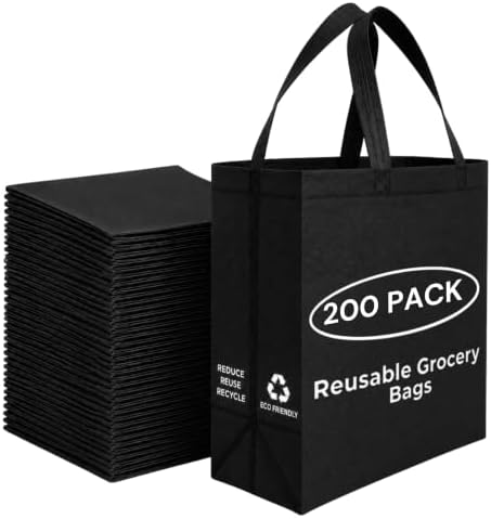 Simply Cool 200 Pack Reusable Grocery Bags, Medium Tote Bags Bulk, Black by SimplyCool