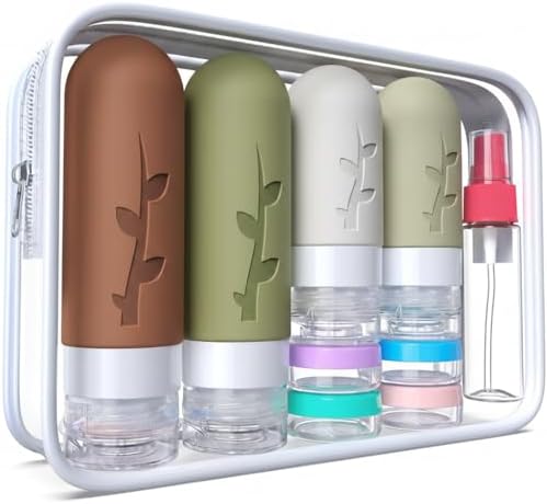 DEPOZA Travel Bottles Kit (16 Pack) - TSA Approved, Leak Proof Silicone Squeezable Containers for Toiletries. Complete Set with Jars, Sprayers & Bag (Earthy brown) by TravelingisaspiritualpracticeDepozawillaccompanyyouonyourspiritualpath