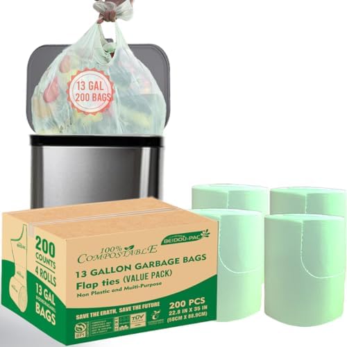 BEIDOU-PAC 13 Gallon Flap Tie Compostable Trash Bags, 200 Count, Compost Bags Tall Kitchen Trash Bags, Sturdy Garbage Bags Food Scrap Waste Bags, ASTM D6400, US BPI Certified, Green by BEIDOU-PAC