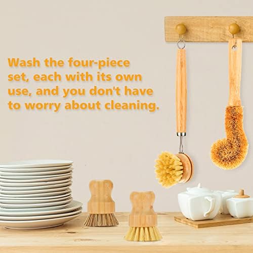 SAMEBUTECO Bamboo Dish Brushes Sets 4 Tools in One Kitchen Clean Dish Scrubber for Pots Pans Bottles with Natural Bristles (Bamboo Brushes Sets) - Image 5