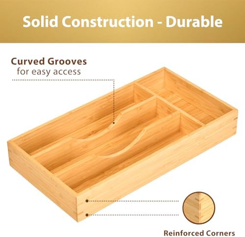 Umilife Bamboo Kitchen Drawer Organizer, 7 Inch Silverware Utensils Tray Holder for Small Drawer, Wood Caddy for Flatware Cutlery Knives - Image 3