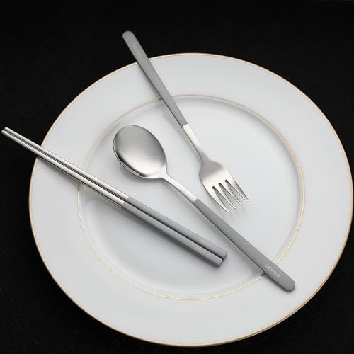 DEVICO Travel Utensils with Case, 4Pcs Portable Silverware Set for Work, 18/8 Stainless Steel Reusable Cutlery, Korean Spoon and Chopsticks Fork for Camping, School, Lunch Box Accessories (Grey) - Image 4