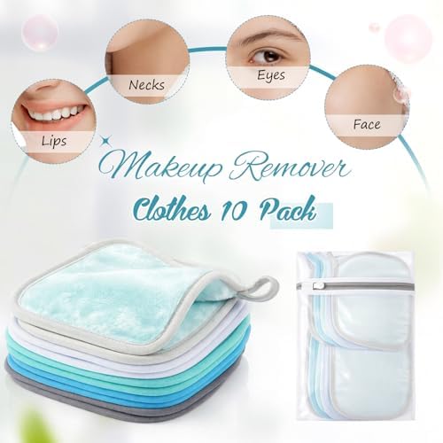 VitalCozy 10 Pack Makeup Remover Cloths, Makeup Remover Towels Reusable Face Cloth Eraser for Washing Face Microfiber Washcloth for Women Cleansing Just Water with Mesh Bag(Blue Colors) - Image 6