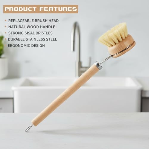 Bamboo Dish Brush, Bamboo Dish Brush with Handle, 4-in-1 Kitchen Cleaning Set – Includes 1 Sisal, 2 Sisal Replacement Heads, Coconut Fiber Replacement Head for Pots, Pans, Dishes.. - Image 2
