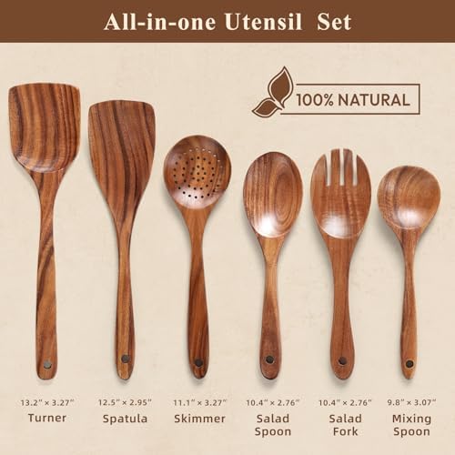 6-Piece Natural Teak Wooden Utensils Set, Wooden Spoons Set for Cooking - Heat Resistant, Natural Healthy Spatula Set with Hanging Holes - Durable, Scratch-Free & Handcrafted - Image 2