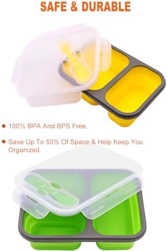 Set of 3 Collapsible Silicone Bento Lunch Boxes With Lids Spoon Fork, Divided Compartments Food Storage Containers, Safe in Microwave, Dishwasher and Freezer, BPA Free (Assorted 3PCS) - Image 5