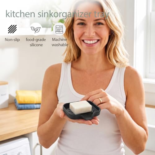 MicoYang Silicone Soap Dish with Drain Spout, Self-Draining Sink Organizer Tray for Bathroom and Kitchen, Sponges, Dispensers and Soap Holder, Non-Slip and Dishwasher Safe, Black (Compact, 4.9"×3.2") - Image 4
