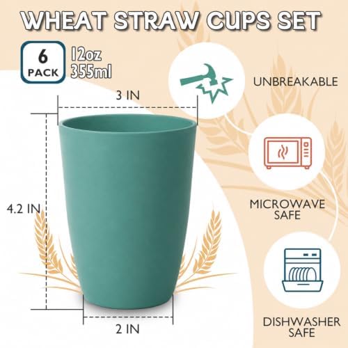 Wrova Wheat Straw Cups 6 PCS Good Alternative to Plastic Reusable Cups 12 oz Unbreakable Drinking Cup Reusable Dishwasher Safe Water Plastic Glasses Green - Image 2