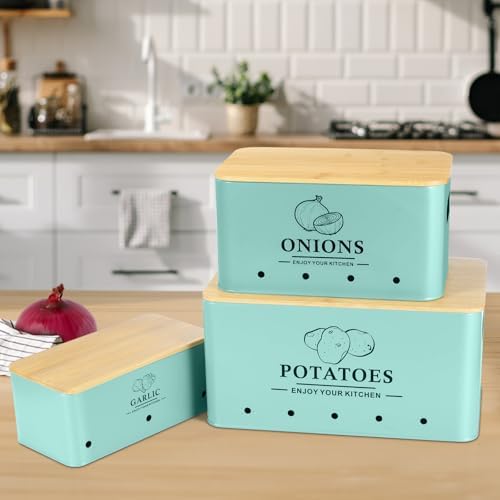 Kitchen Vegetable Storage Set of 3, Metal Onion Garlic Potato Storage Set, Kitchen Canisters Vegetable Keeper Containers with Aerating Holes and Bamboo Lid，Blue - Image 2
