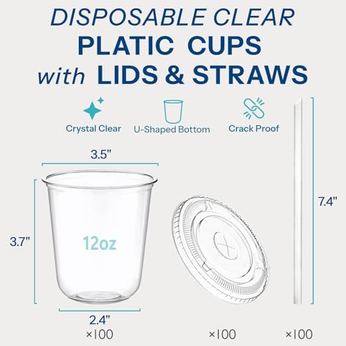 Homestockplus 100 Pack 12 oz BPA-Free Clear Plastic Cups with Lids and Straws - Leak-Proof Disposable Straw Cups, Iced Coffee Cups for Kids Drinks, Smoothies & To-Go Cold Beverages - Image 2