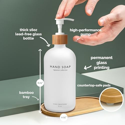 Vine Creations White Glass Soap Dispenser Set, Hand Soap and Dish Soap Dispenser Set with Bamboo Tray, 16 oz Glass Dispensers Bottle for Kitchen and Bathroom Decor Modern Boho with Bamboo Pump (White) - Image 5