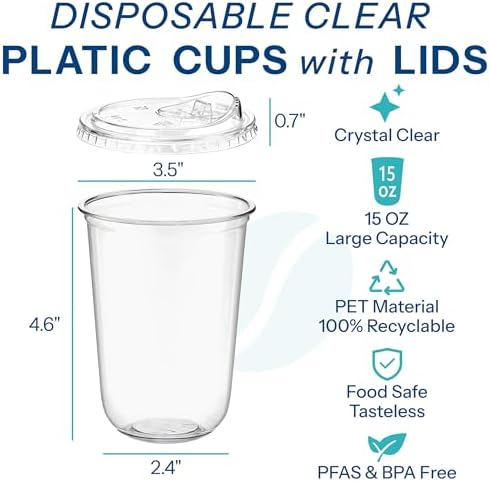 Homestockplus 15 oz Clear Plastic Cups with Lids (100 Pack) - Strawless Sip Lids, Leak-Proof & BPA-Free Iced Coffee Cups - Disposable Cold Drink Cups for Smoothies, Milkshake, Parties, Events - Image 2