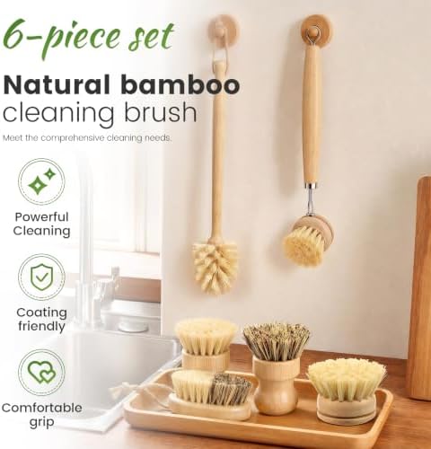 6-Piece Bamboo Dish Brush Set with Vegetable Brush Yellow - Image 4