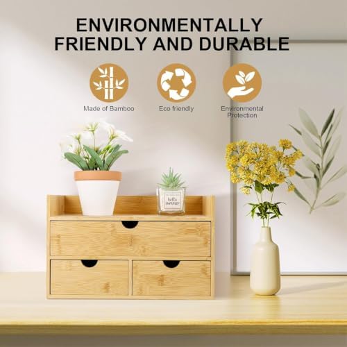 Charmewooden Bamboo Desk Organizer 3 Drawer with shelf, Countertop Organizer with Drawers Makeup Storage Drawer 3 Drawers Tabletop Storage Organization Box Home Office Workspace - Image 4