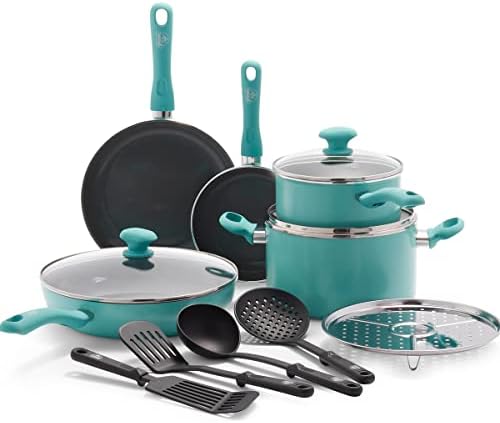 GreenLife Soft Grip Diamond Healthy Ceramic Nonstick 13 Piece Cookware Pots and Pans Set, PFAS-Free, Dishwasher Safe, Turquoise, Diamond Cookware by GreenLife