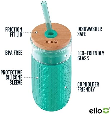 Ello Devon Glass Tumbler , Protective No Sweat Silicone Sleeve and Splash Proof Wooden Detail Lid with Straw, 18 oz - Image 2