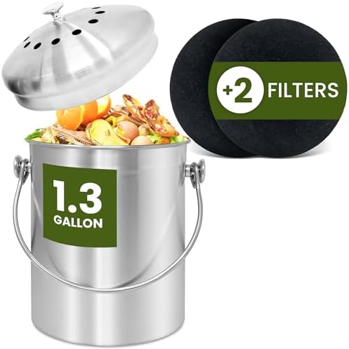 Reli. 1.3 Gallon Stainless Steel Compost Bin for Kitchen | Charcoal Filters by Reli
