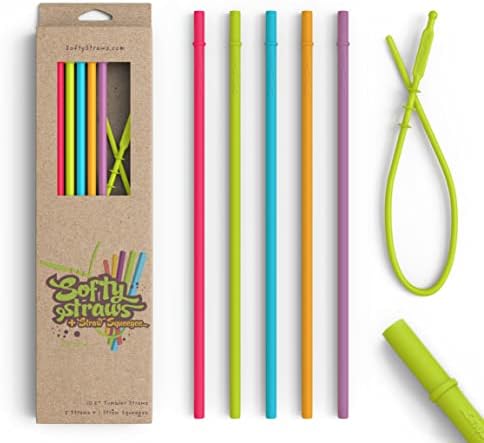 Long Silicone Straws With Stoppers for Tumblers - Slender Silicon Rubber Reusable Drinking Straws for Simple Modern, Starbucks, Yeti, rTic, Acrylic 24 30 40 oz Tumbler Cups - Flexible BPA Free by SoftyStraws