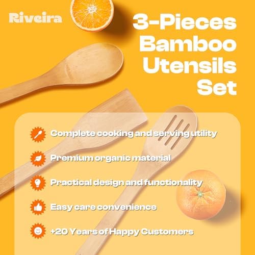 Riveira Bamboo Wooden Spoons for Cooking 3-Piece, Apartment Essentials Wood Spatula Spoon Nonstick Kitchen Utensil Set Premium Quality Housewarming Gifts for Everyday Use - Image 4