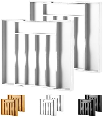 2-Piece Expandable Bamboo Kitchen Drawer Organizer for Cutlery and Utensils, Adjustable Bamboo Wood Cutlery Tray in Drawer for Flatware and Silverware in Kitchen, (White) by oridom