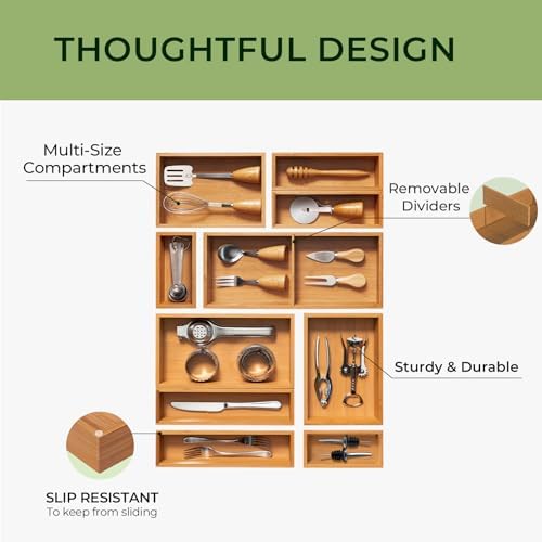 keechee 10-Piece Bamboo Drawer Organizer Set, 2.2" Deep Multi-Use Organizers for Utensils, Silverware, Cutlery, Desk, Bathroom, Junk Drawer & Makeup, Non-Slip Feet Included. - Image 6