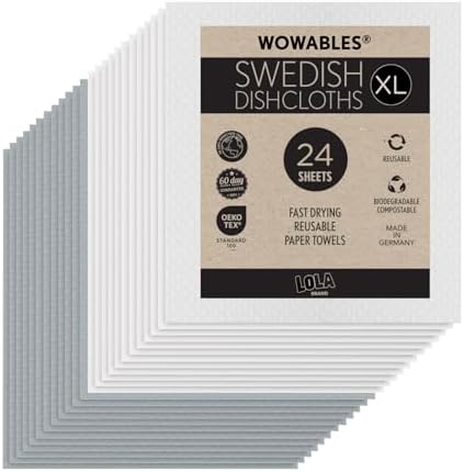 Swedish Dishcloths for Kitchen XL, 24 2x12 Sheet Rolls, Biodegradable, Compostable, Reusable Paper Towel Cleaning Cloths, 11" x 10" No Odor Washing Dishes, Ultra Absorbent Cellulose Sponge Towel, LOLA by LolaProducts